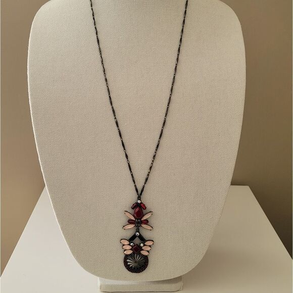 Necklace Gunmetal Tone Red Pink Geometric Necklace with Pendant #0087 - Picture 5 of 12